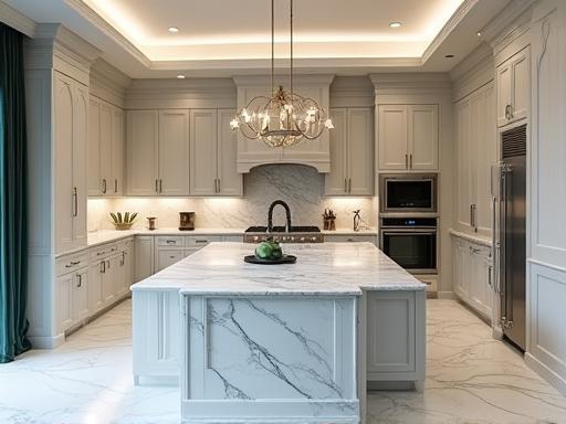 Luxury kitchen with marble countertops and high-end appliances.