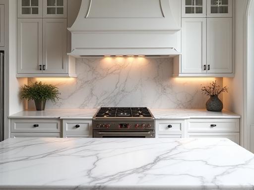 Luxury kitchen with marble countertops and high-end appliances.