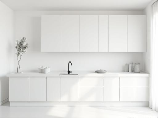 Minimalist kitchen design with white cabinets.