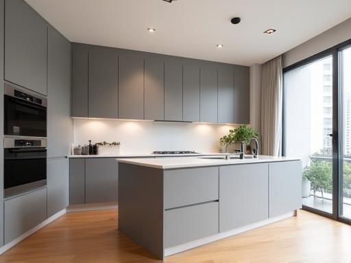 Modern kitchen with grey cabinets and island.