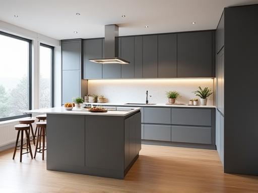 Modern kitchen with grey cabinets and island.