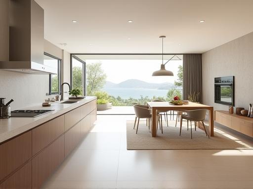 Spacious open-plan kitchen connecting to dining area.