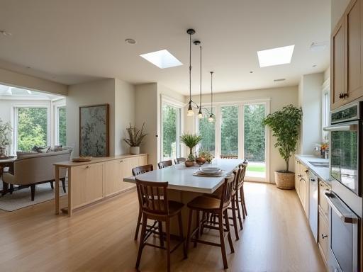 Spacious open-plan kitchen connecting to dining area.