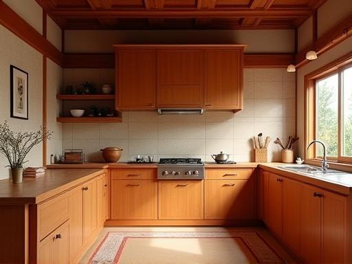 Traditional Korean style kitchen with warm wood.