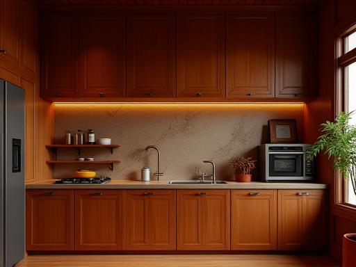 Traditional Korean style kitchen with warm wood.
